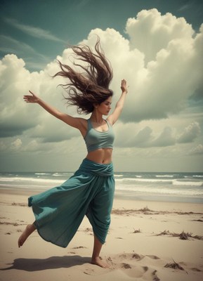 Woman dancing joyfully on a beach under cloudy sky