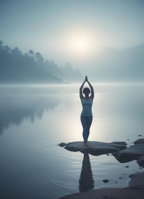 Serene yoga practice by the calm lake at dawn