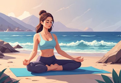 Woman practicing yoga meditative pose by the beach