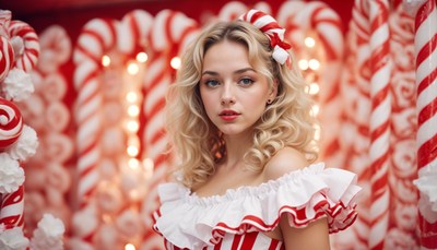 Holiday-themed portrait of girl with candy cane backdrop