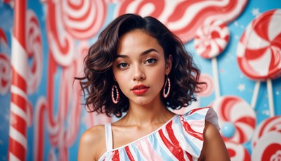 Young woman posing against colorful candy-themed backdrop