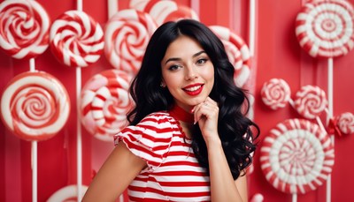 Woman poses cheerfully in a candy-themed setting