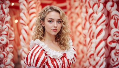 Young woman in festive candy-themed setting