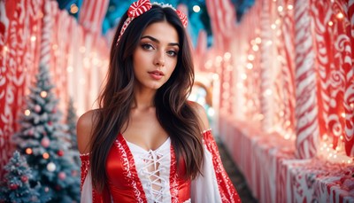 Young woman in festive attire at holiday wonderland
