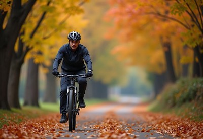 Bicyclist riding through autumn foliage on a quiet path
