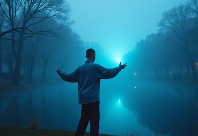 Mysterious figure stands by foggy lakeside at night