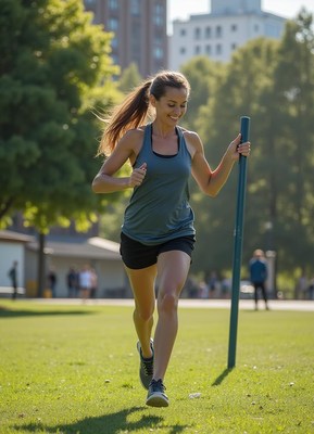 Woman running with training pole in urban park setting