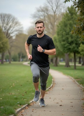 Man jogging in a park on a cloudy day