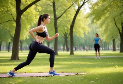 Woman jogging in park during bright sunny day