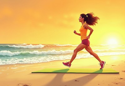 Morning jog on the beach during sunrise for fitness