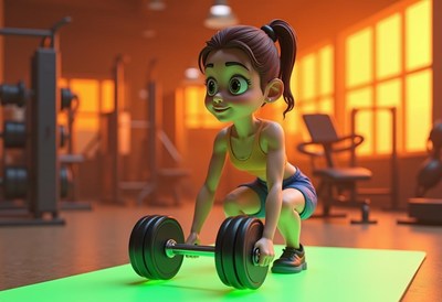 Young girl lifting weights in a vibrant gym setting