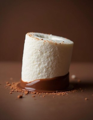 Marshmallow topped with rich chocolate on a dark surface
