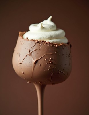 Delicious dessert with chocolate shell and whipped cream