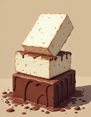 Delicious dessert stacked on a smooth chocolate surface