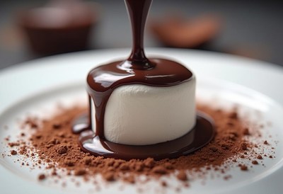 Marshmallow covered in rich chocolate sauce on a plate