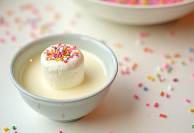 Marshmallow topped with sprinkles in a bowl of cream