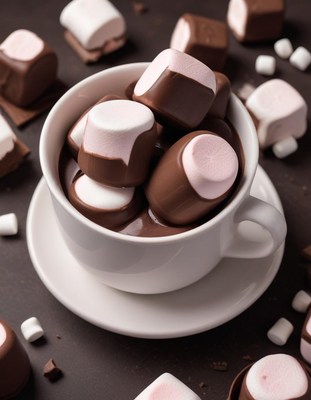 Chocolate marshmallows in a cup on a dark background