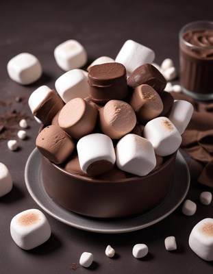 Delicious chocolate dessert topped with marshmallows at cafe