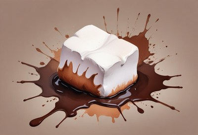 Chocolate melting around a marshmallow on a surface
