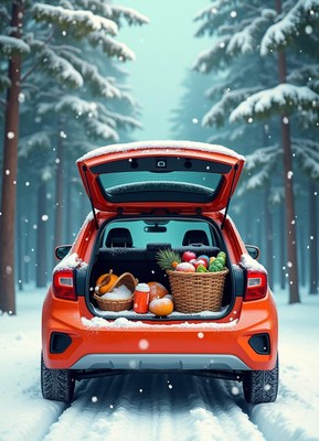 Orange car in snowy forest, winter gear inside