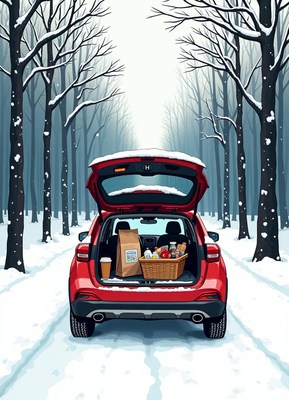 Winter journey with a red car in snowy forest