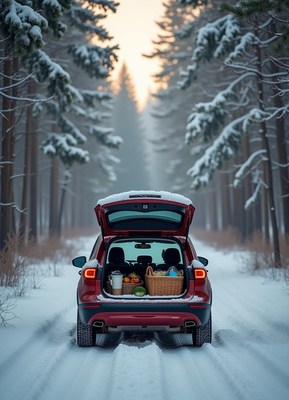 Winter picnic setup in snowy forest with car open
