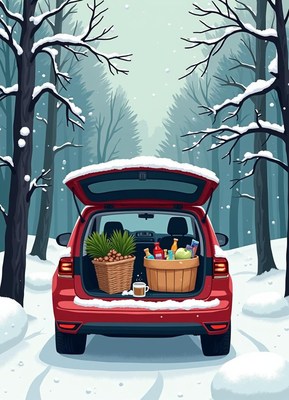 Snowy winter day with a red car and festive supplies