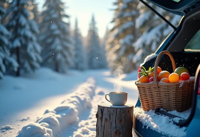 Enjoying a warm drink and fresh fruit in snowy woods
