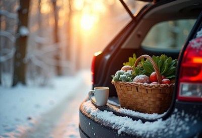 Winter picnic with fresh produce in snowy forest