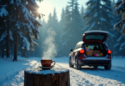Coffee steaming on stump beside parked car in snowy forest