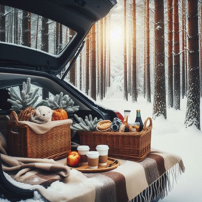 Winter picnic setup in a snowy forest clearing