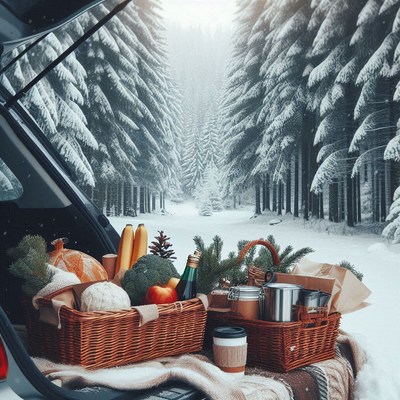 Winter picnic setup in a snow-covered forest