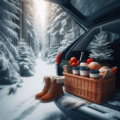 Winter picnic setup in a snowy forest clearing