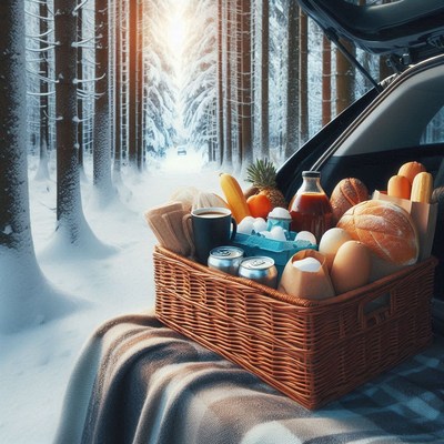 Winter picnic basket in a snowy forest setting
