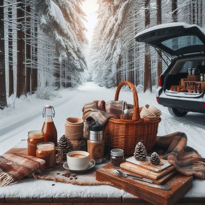Winter picnic in a snowy forest landscape with warm drinks