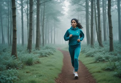 Woman running through a misty forest trail in morning