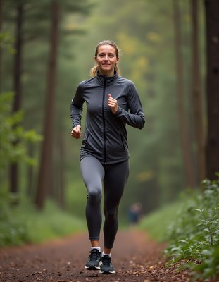 Woman jogging on forest trail during morning light