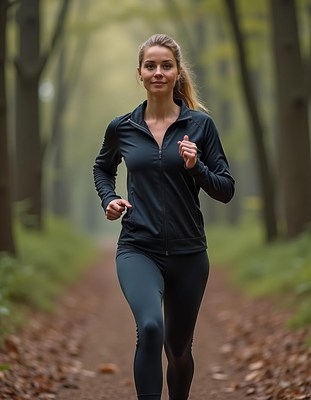 Jogging through a peaceful forest path in autumn
