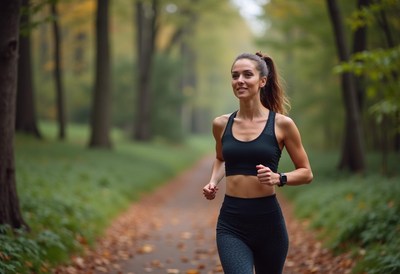 Woman jogging on a peaceful forest path in autumn