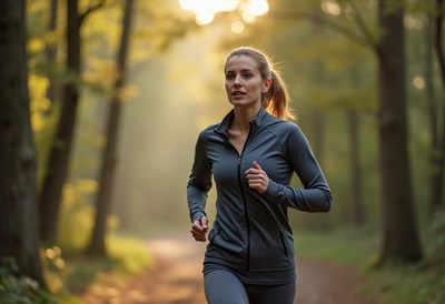 Woman jogging in a serene forest during golden hour