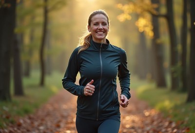 Runner enjoying a sunny morning in a wooded park