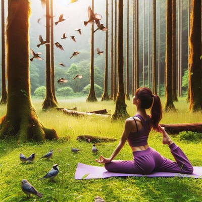 Practicing yoga in a serene forest at sunrise