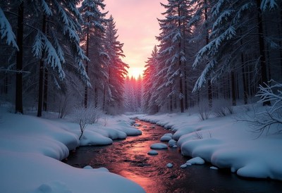 Winter sunset over a snowy forest and creek