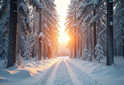Snow-covered forest trail during sunset in winter