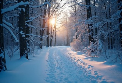Sunrise illuminates a snowy forest path in winter