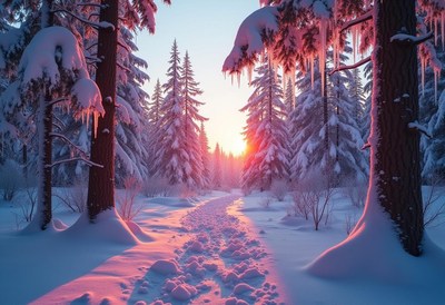Snowy winter landscape with sunlight peeking through trees