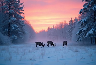 Reindeer grazing in a snowy forest at dawn