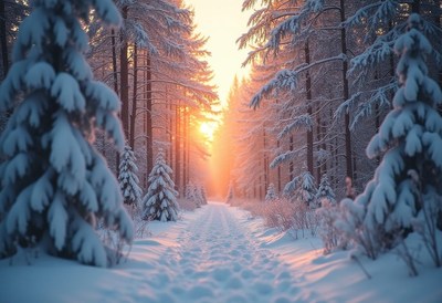 Snowy forest trail at sunset with golden light