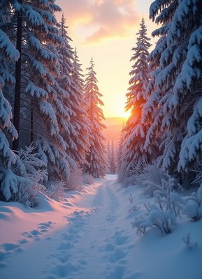 Snowy forest path with sunset view in winter season