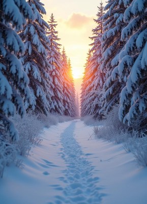 Calm winter pathway through snow-covered trees at sunset